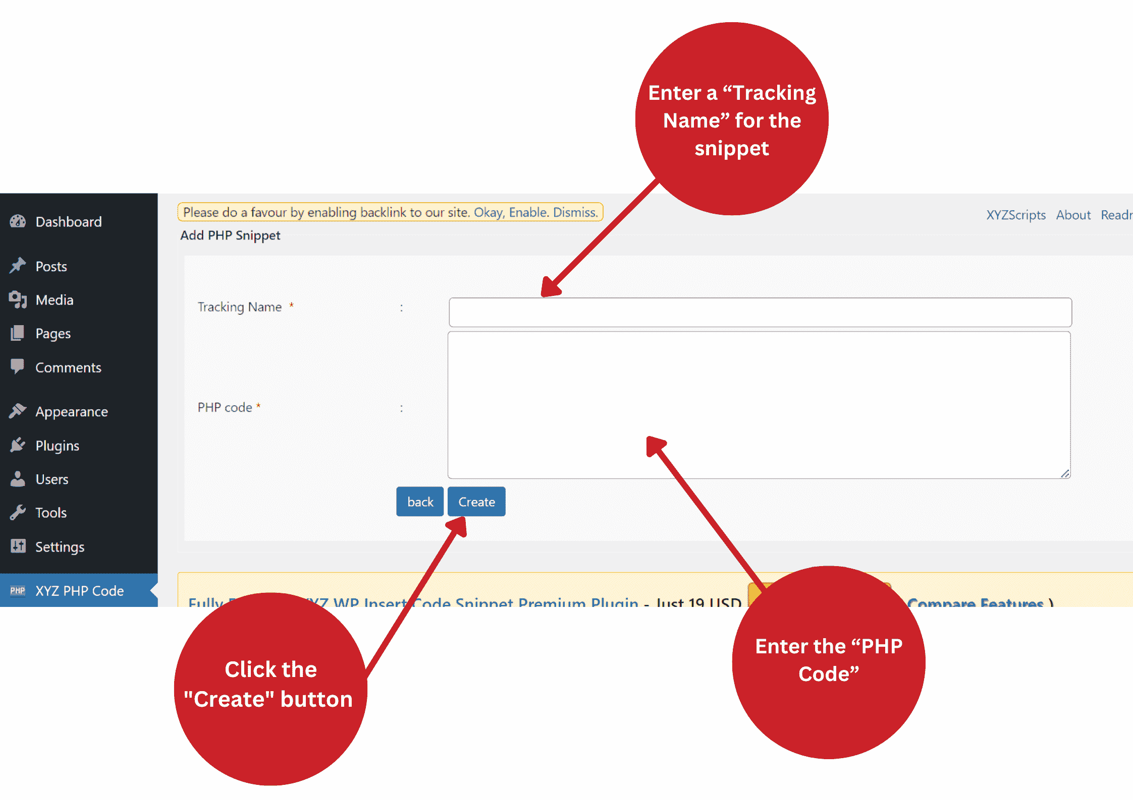 Add tracking name and PHP code in Insert PHP Code Snippet plugin