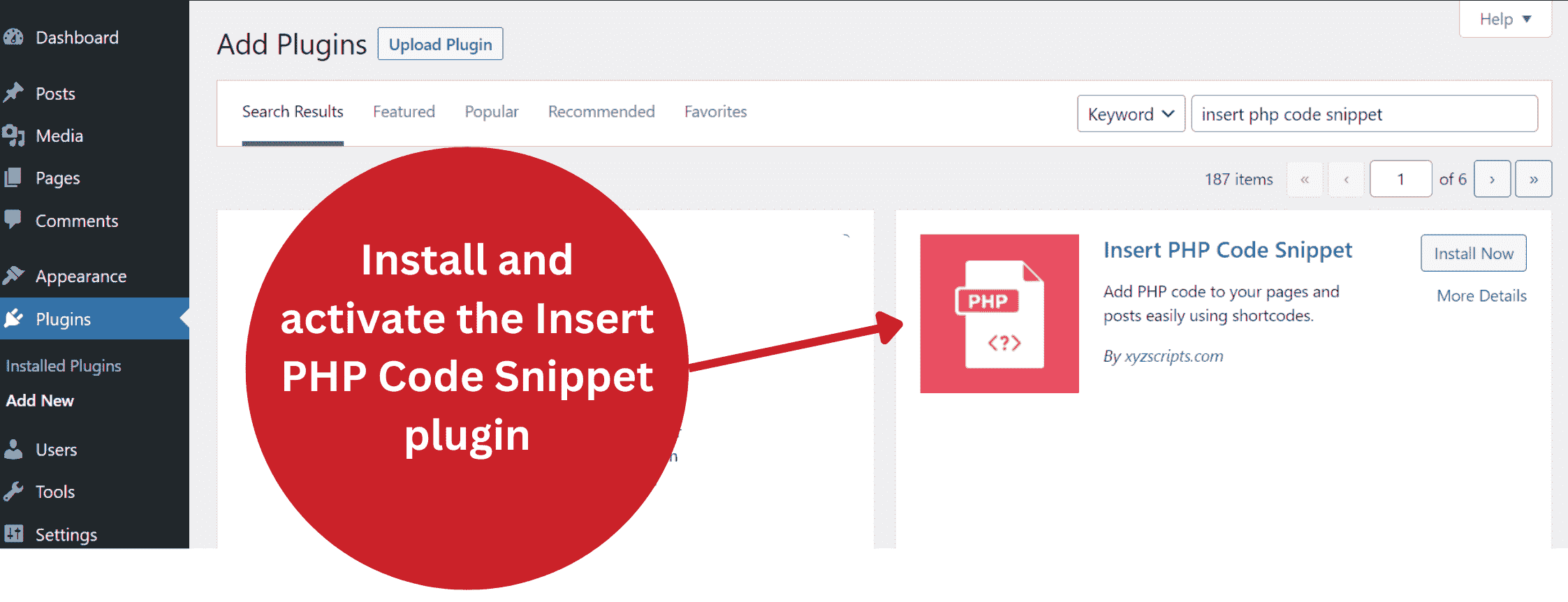Install-and-activate-the-Insert-PHP-Code-Snippet-plugin